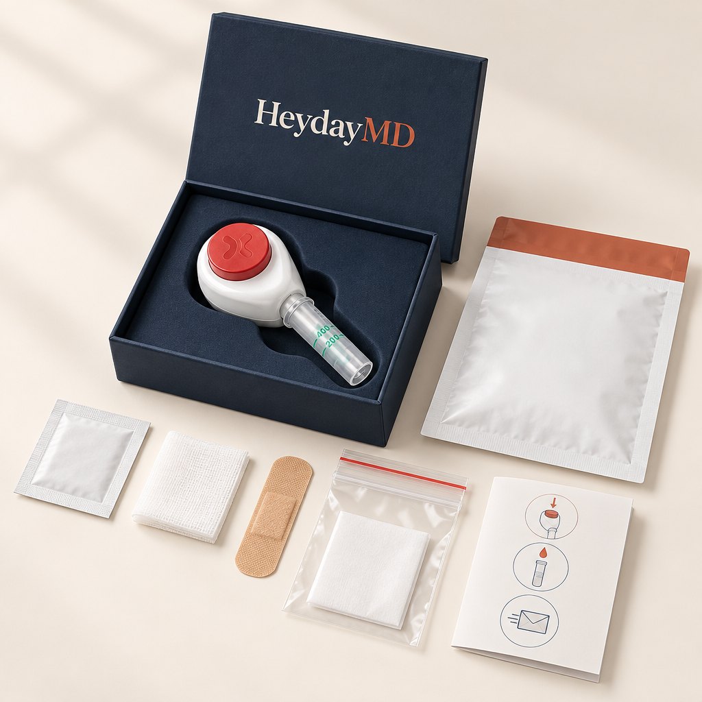 HeydayMD at-home lab kit: navy kit box with the Tasso+ collection device, alcohol prep pad, gauze, bandage, specimen bag, instructions and prepaid return mailer