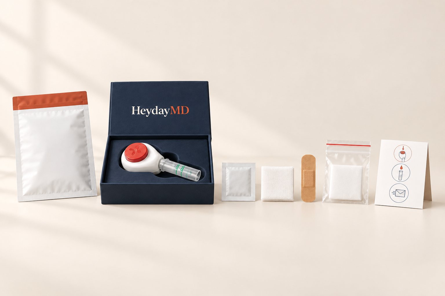 Illustrative render of the HeydayMD at-home lab kit: navy box with the Tasso+ press-on collection device, prep pad, gauze, bandage, specimen bag, instruction card and prepaid return mailer.
