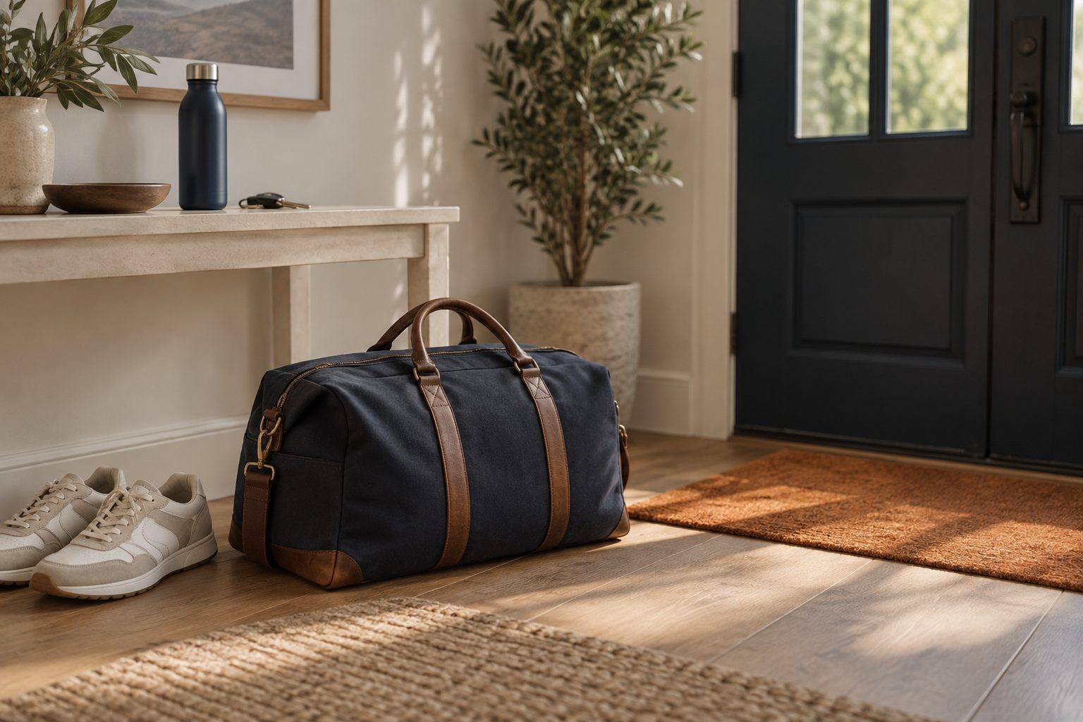 A gym bag sitting unopened by the front door, sneakers beside it in morning light
