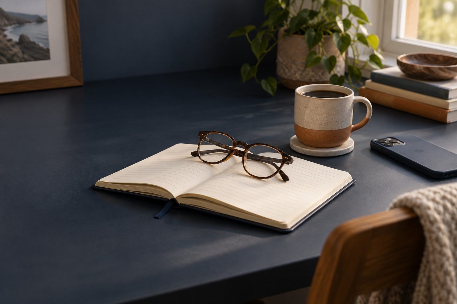 Quiet desk still life: notebook, reading glasses and a cup of coffee by a window.