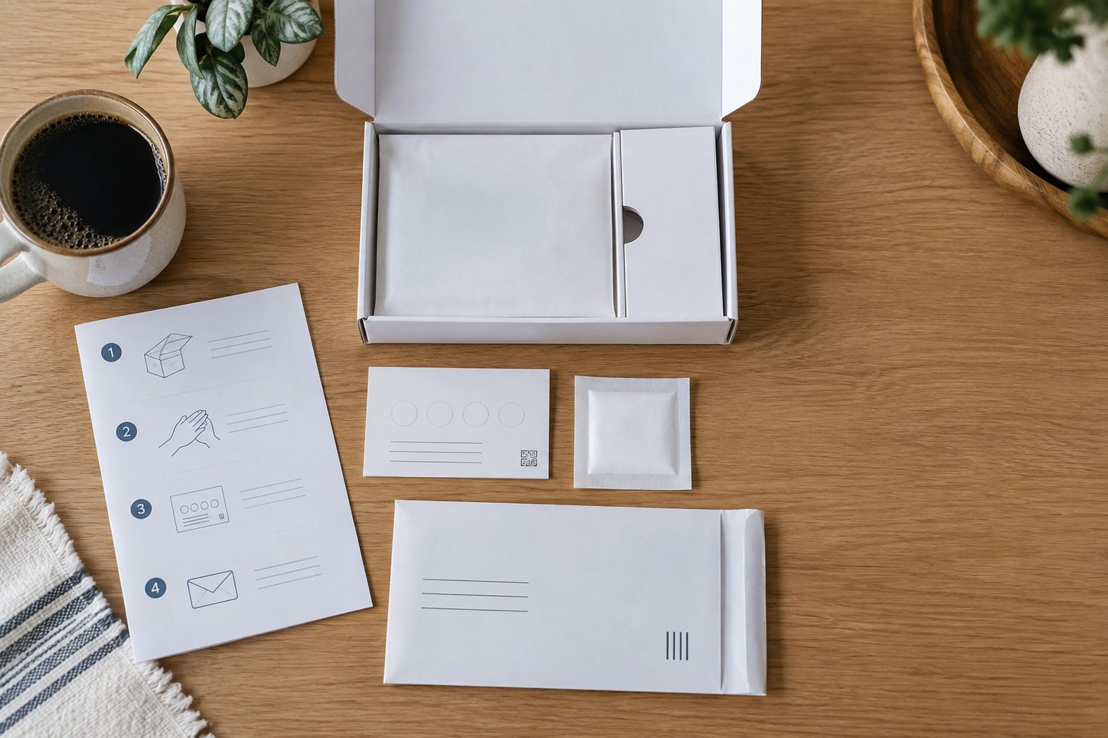 Illustrative photo of an at-home sample collection kit: box, collection card, wipe and prepaid return mailer.