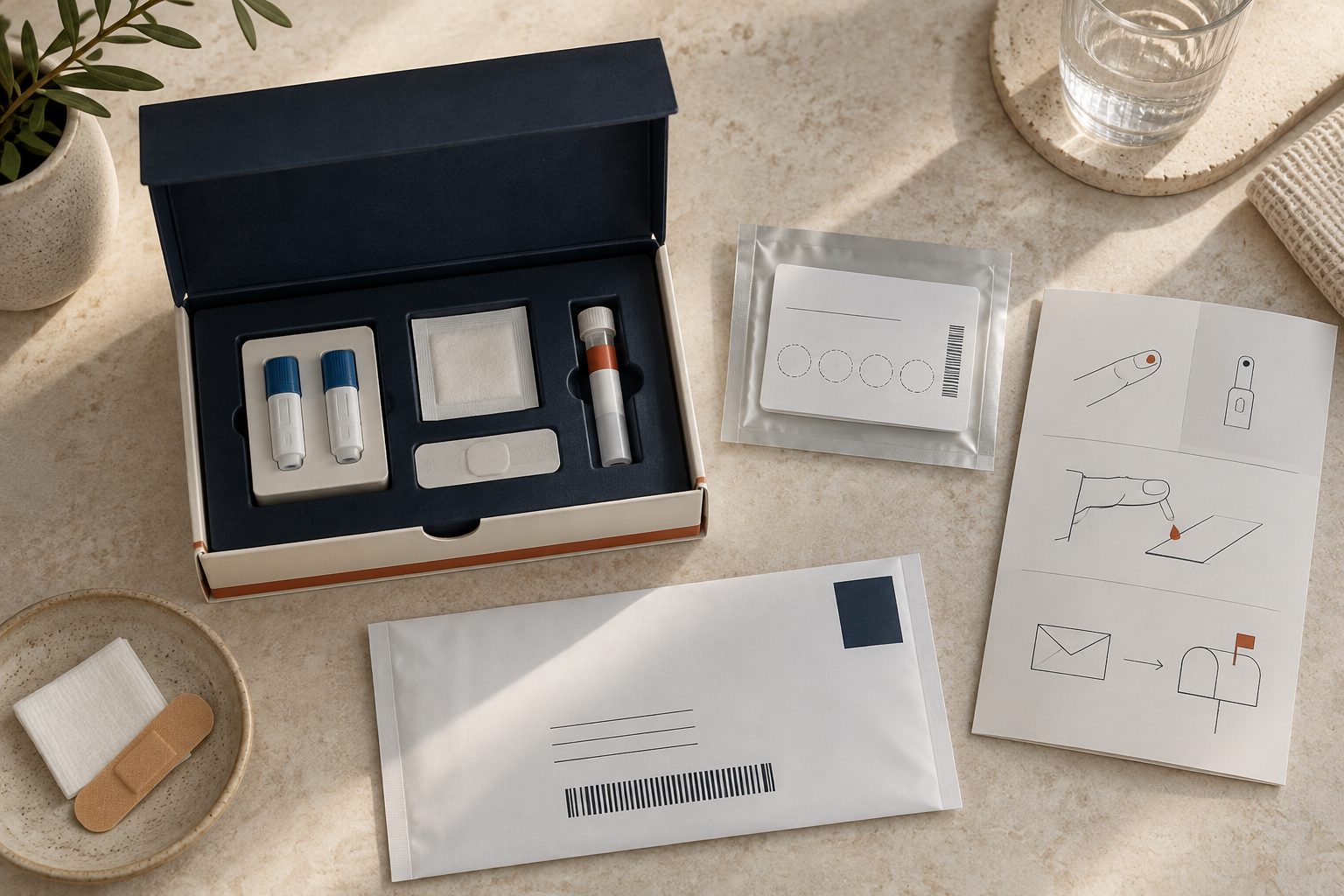 An at-home blood collection kit opened on a counter with sample vials, instruction card and prepaid return mailer