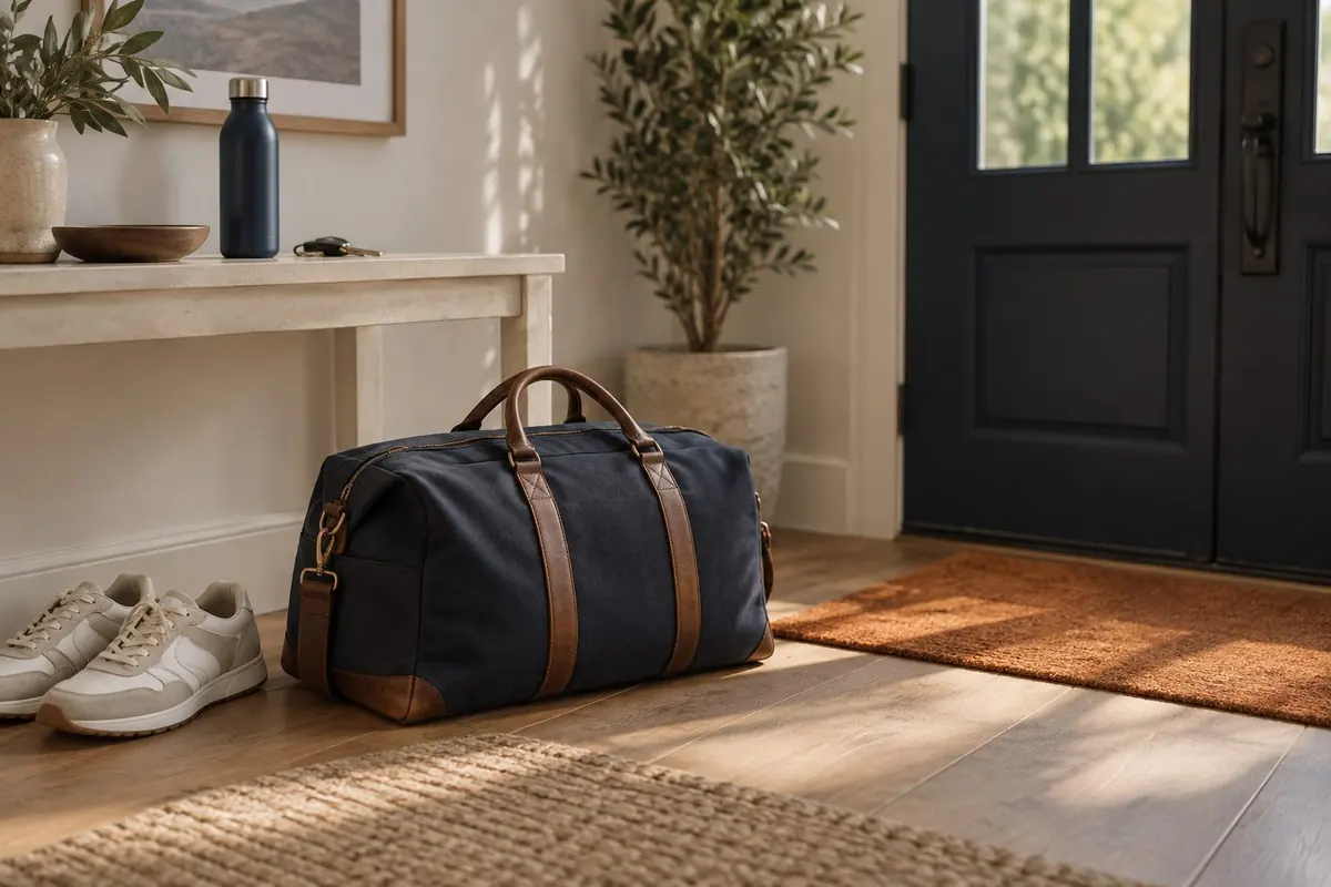 A gym bag sitting unopened by the front door, sneakers beside it in morning light