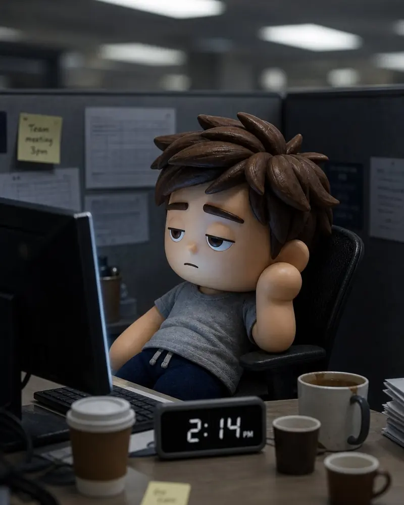 Illustration of Hayden, the Heyday vinyl-figure mascot — 2:14 p.m.