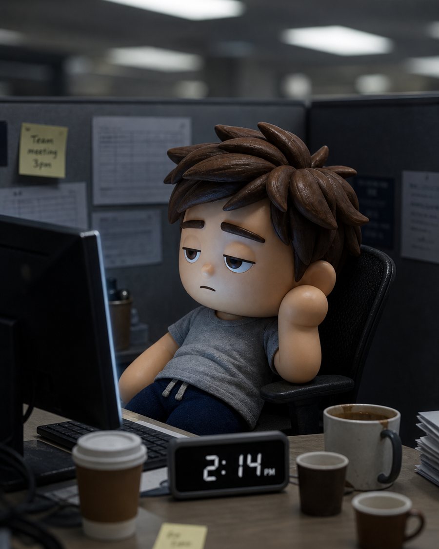 Illustration of Hayden, the Heyday vinyl-figure mascot — 2:14 p.m.
