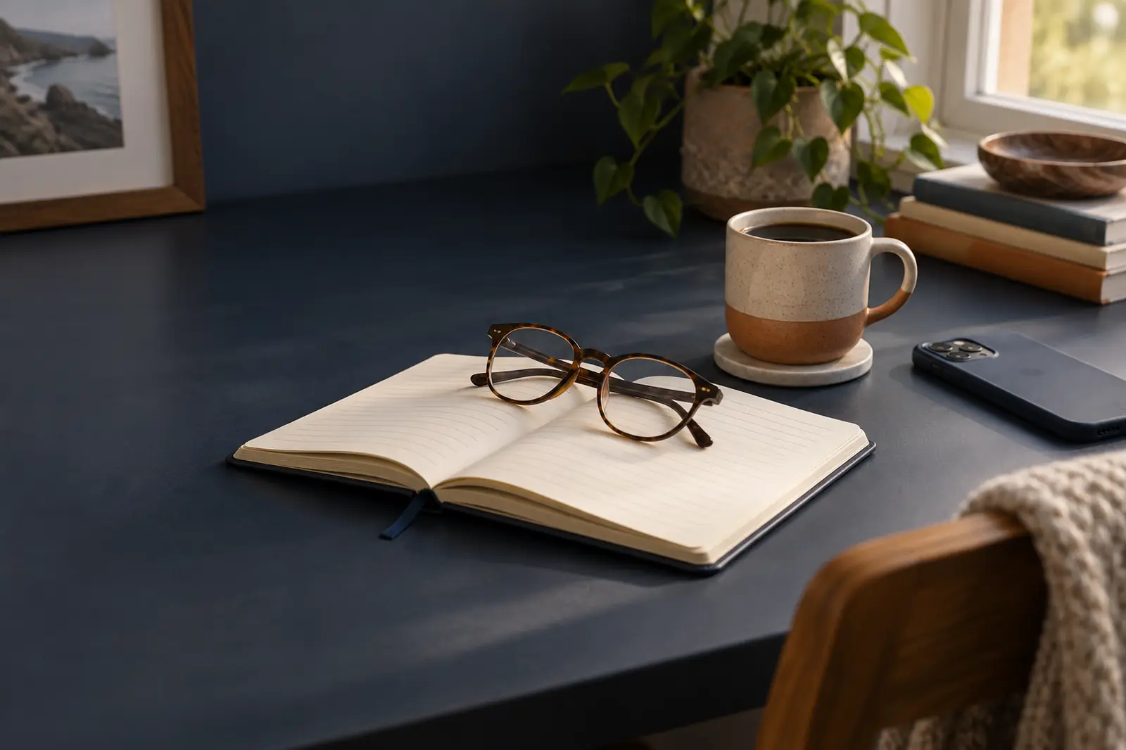 An open journal, reading glasses and coffee on a desk in early morning light