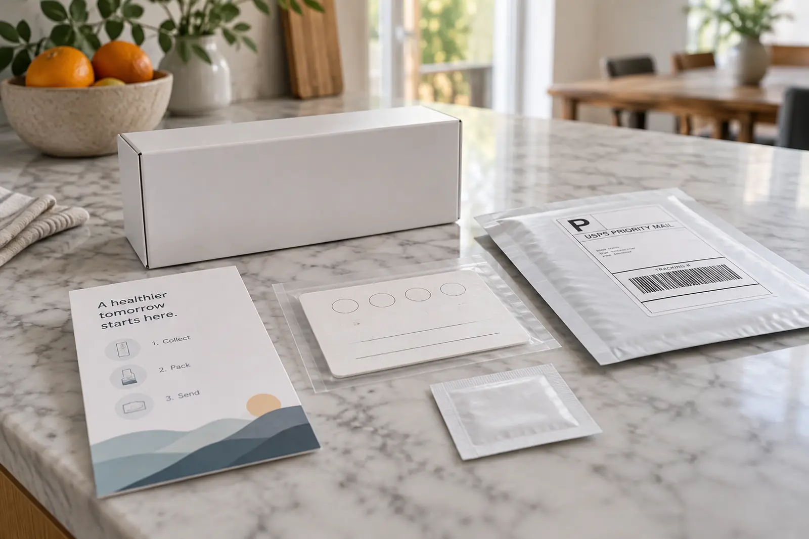 An at-home blood collection kit laid out on a kitchen counter with its instruction card and prepaid return mailer