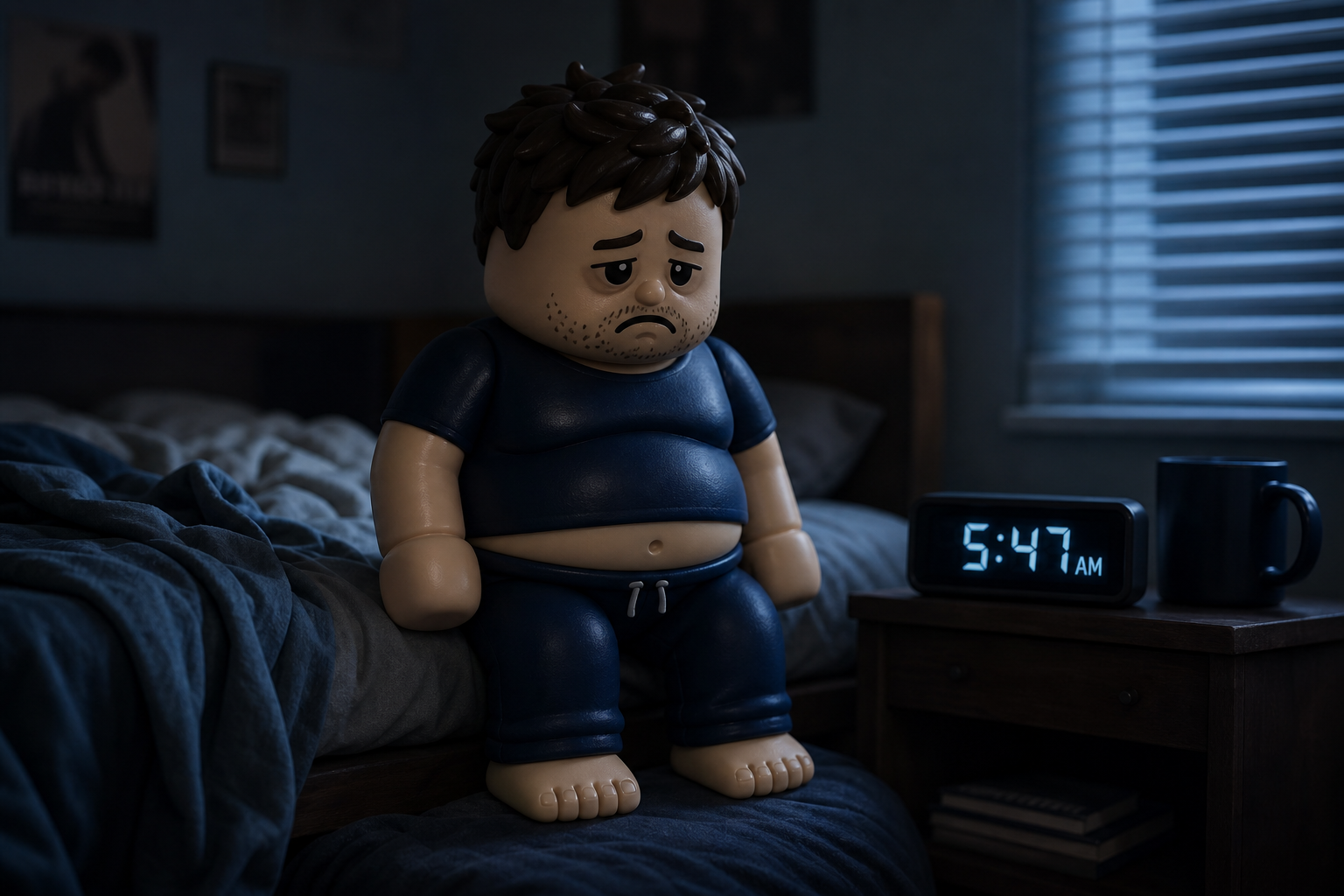 A man sitting on the edge of his bed before sunrise, looking exhausted